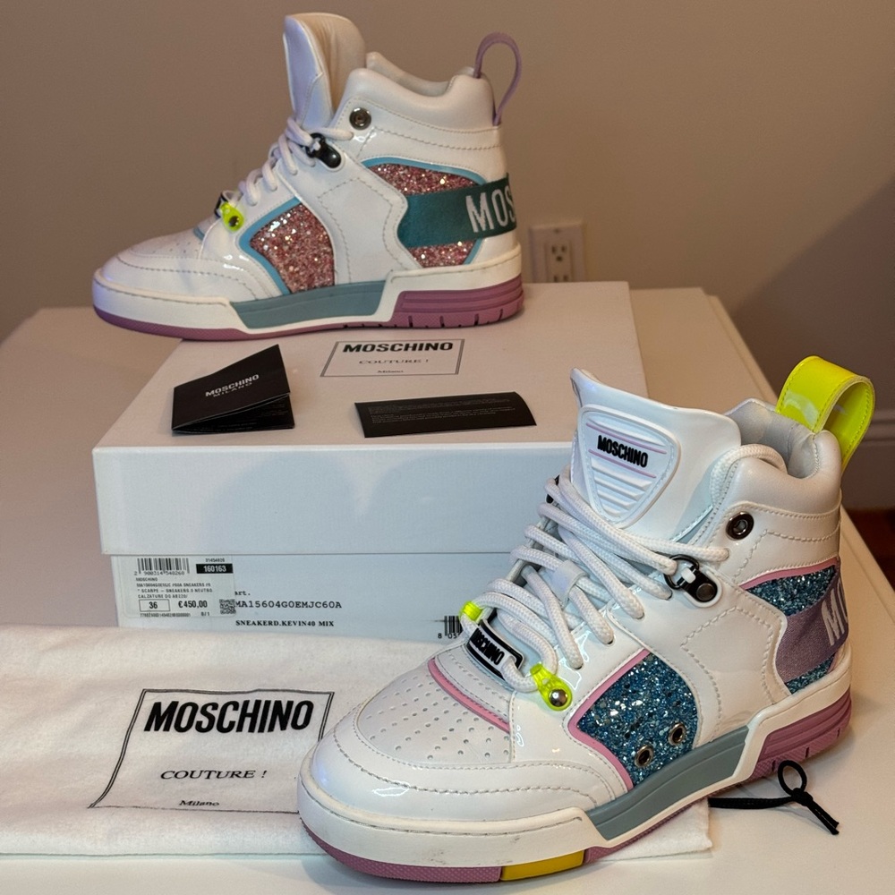 Moschino White and Blue Glitter High-Tops